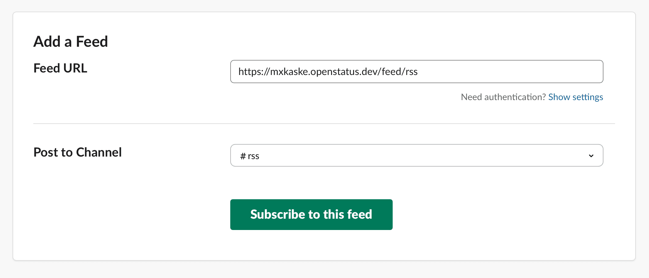 Slack RSS app settings - Subscribe to feed